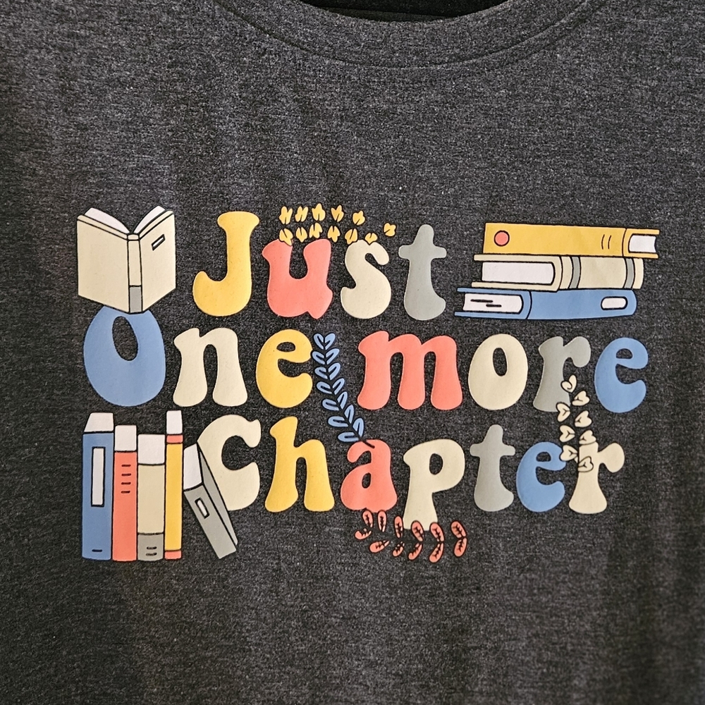 Gray Graphic Tee with Colorful 'Just One More Chapter' Design Large